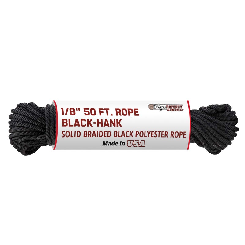 Rope Ratchet حبل ربط 1/8" بطول 50 قدم من خيوط البوليستر المجدولة، مقاوم للعوامل الجوية للاستخدام الداخلي والخارجي للحدائق، مشاريع DIY، تأمين الأحمال، الربط، ربط العقد، استخدام الأقمشة، سعة 75 رطل - أسود - Image 1